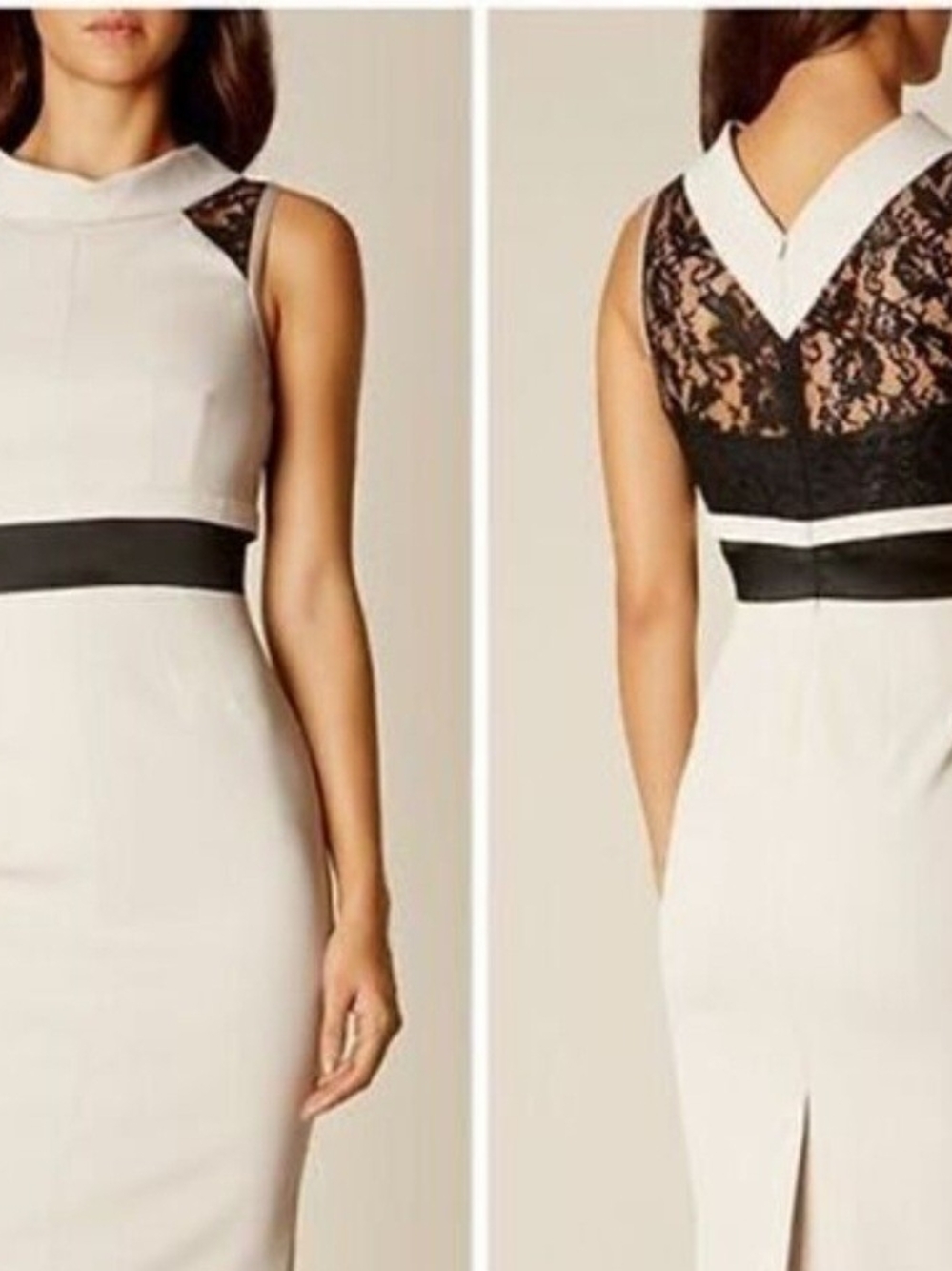 Cream Midi Sheath Dress with Black Lace Panel